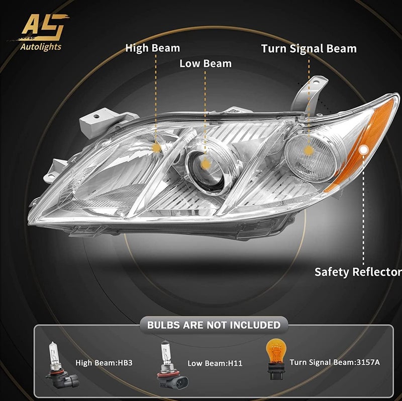 AS 2007 2008 2009 Toyota Camry Headlight Assembly Headlamps for 07 08 09 Camry Exclude Hybrid Projector Left and Right Pair - Chrome Housing Clear Lens - Image 3